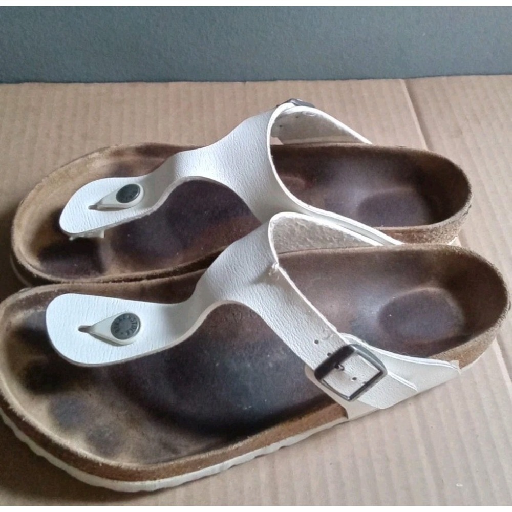Birkenstock Mayari Sandals White Thong Strap Adjustable Buckle Comfort Slides